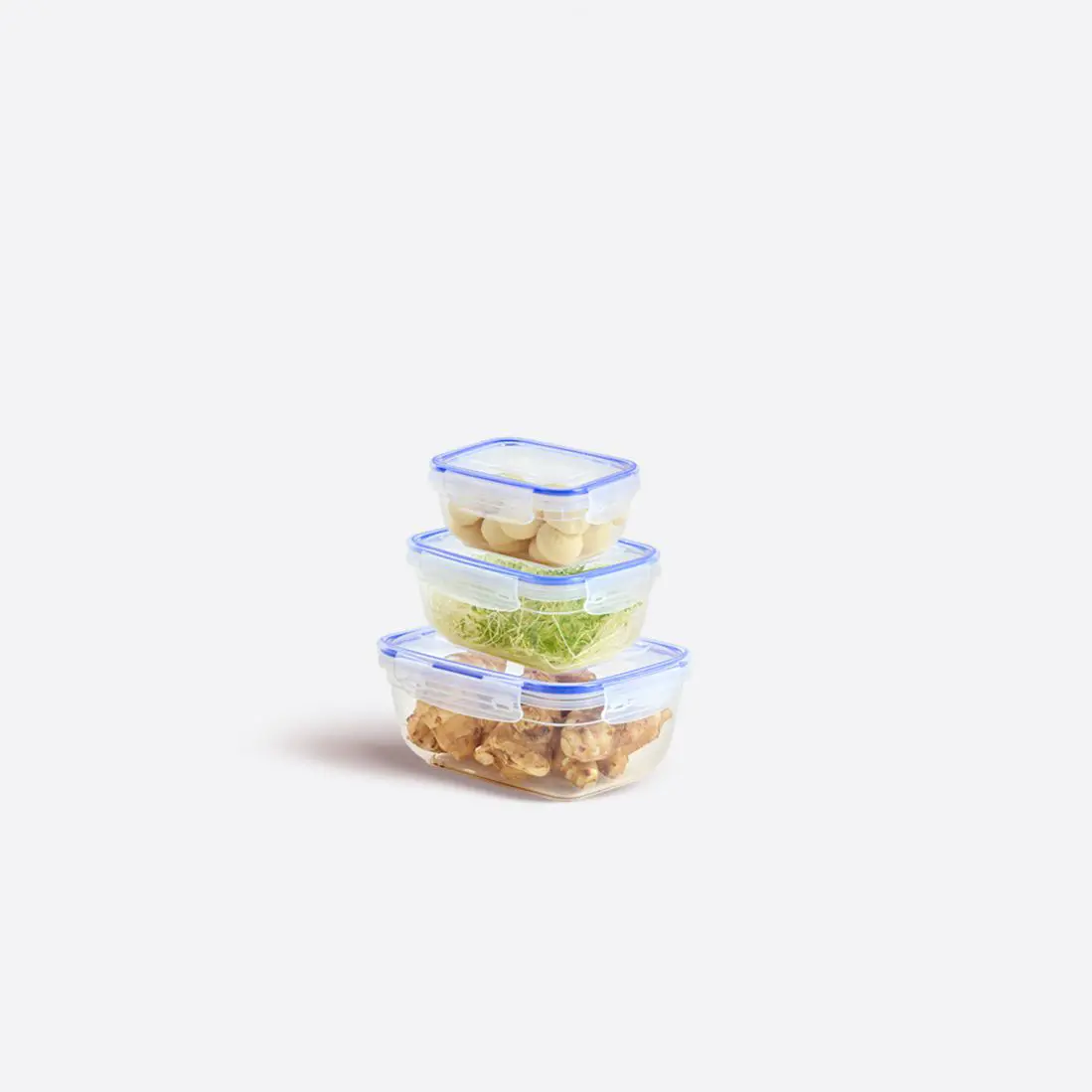 set di 3 Contenitori Ermetici di Plastica Trasparente e Forma Rettangolare con Coperchio Munito Di Clip Di Chiusura Lungo I Lati