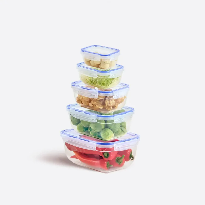 set di 5 Contenitori Ermetici  di Plastica Trasparente e Forma Rettangolare con Coperchio Munito Di Clip Di Chiusura Lungo I Lati