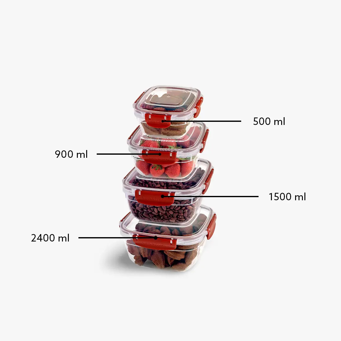 Set di 4 contenitori ermetici di plastica trasparente e forma quadrata con coperchio munito di clip colorate di chiusura lungo i lati