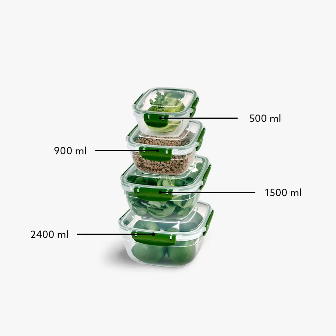 Set di 4 contenitori ermetici di plastica trasparente e forma quadrata con coperchio munito di clip colorate di chiusura lungo i lati - immagine 7